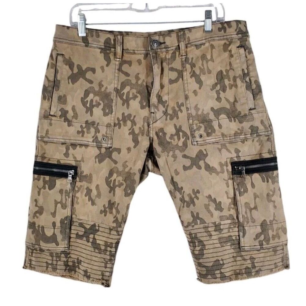 True Religion Camo Touring Moto Jort Shorts Mens 34x13 Beige Tan Tapered Raw Hem